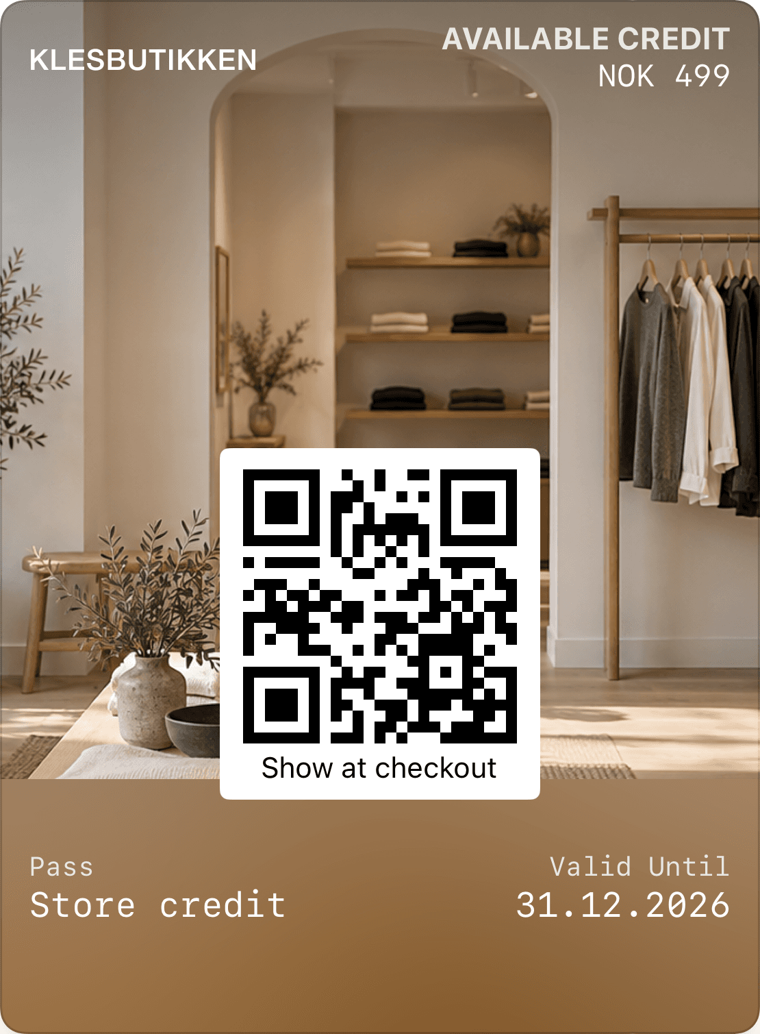 Klesbutikken Apple Wallet store credit on iOS 27 with NOK 499, a store photo and a QR code